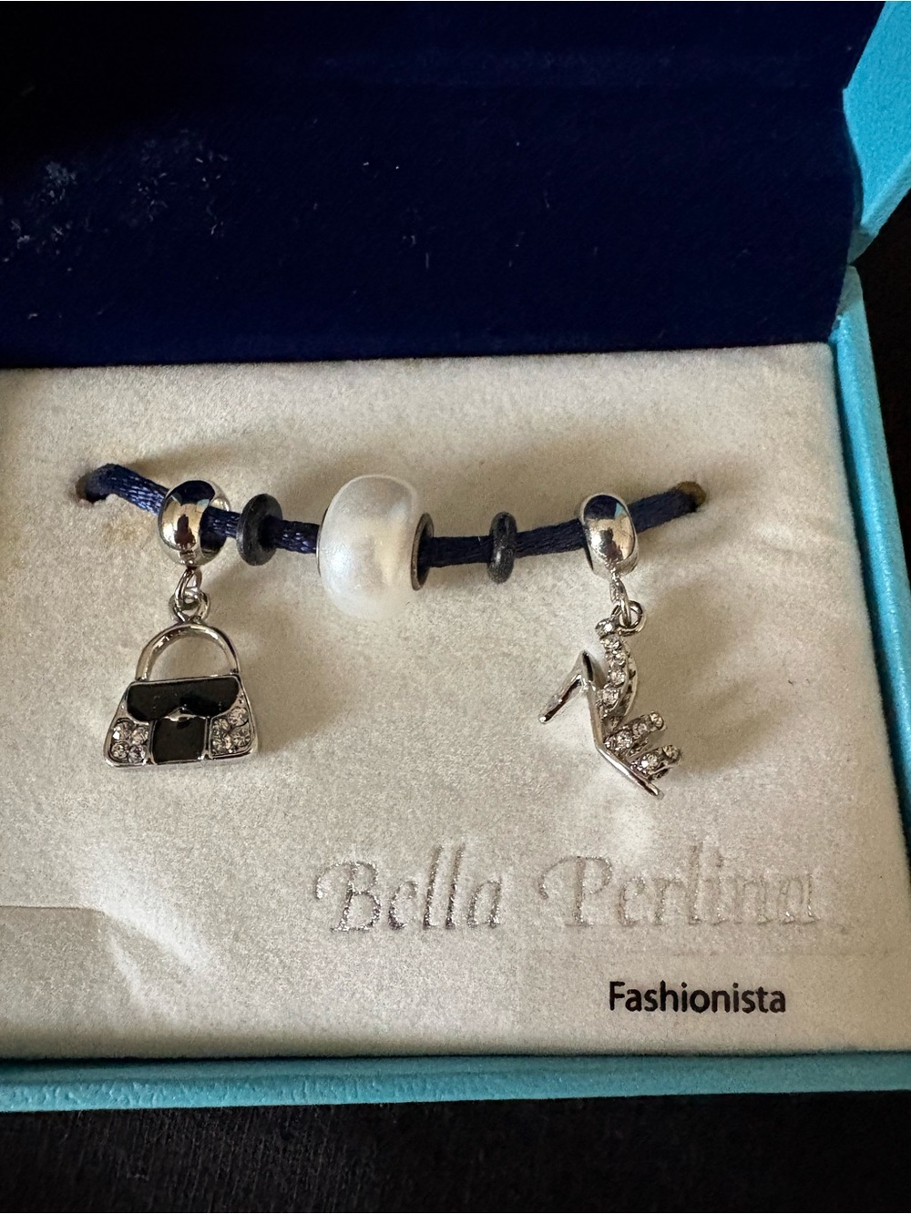 Bella Perlina Silver Charms with White Bead and Navy Cord